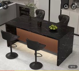 Black Marble-Top Kitchen Island with Wood Panel