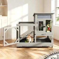 Wooden Rabbit Hutch on Wheels 2-Tier Indoor Bunny Cage Cleaning Trays and Run Gray