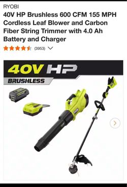 RYOBI 40V HP Brushless 600 CFM 155 MPH Cordless Leaf Blower and Carbon Fiber String Trimmer with 4.0 Ah Battery and Charger