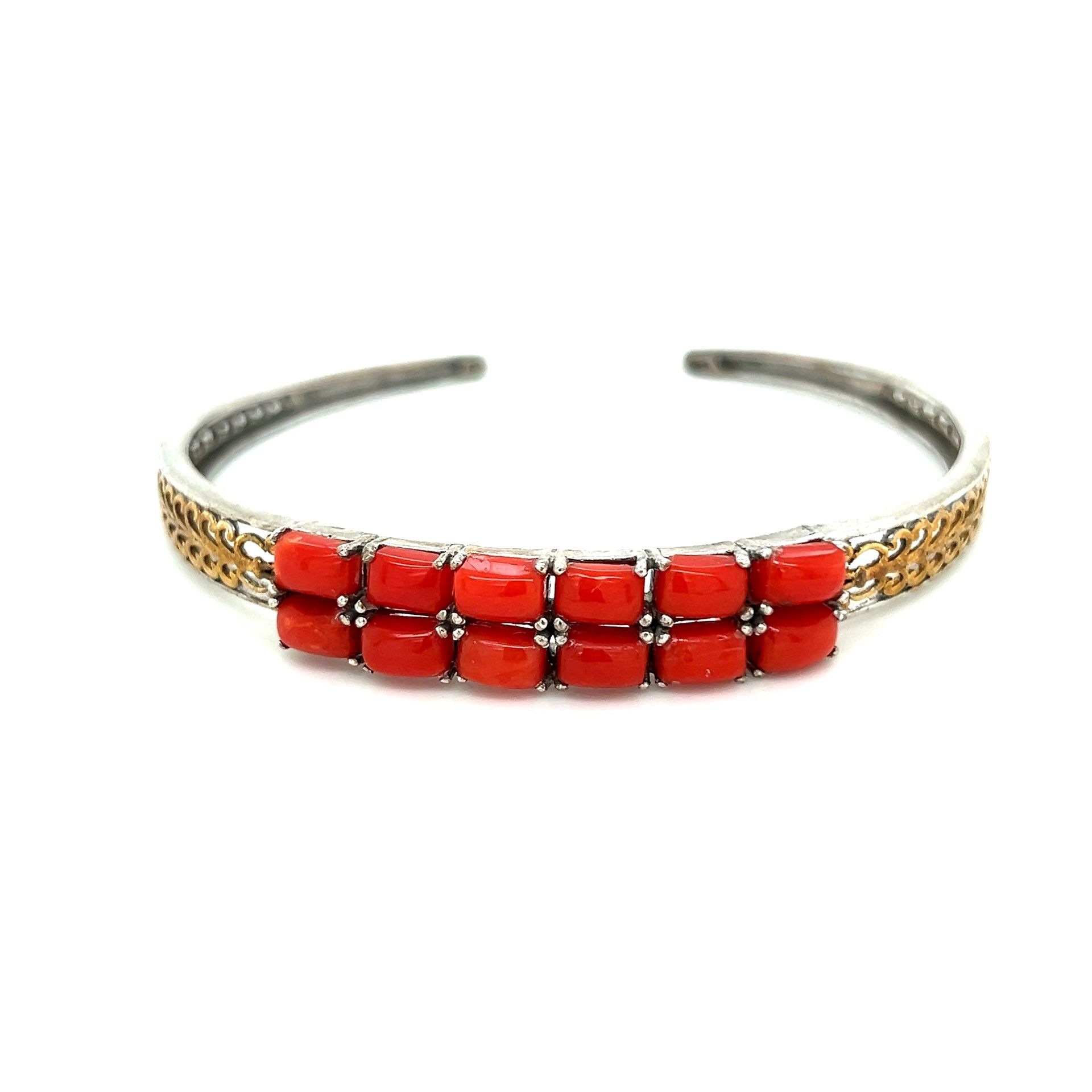 925 Silver Red Stones Two-Tone Open Cuff