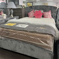 🩶GREY QUEEN BED FRAME SET
