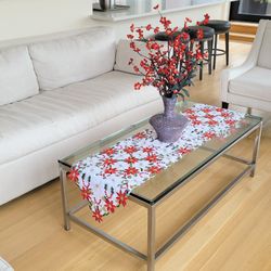 Christmas Decorations Embroidered Table Runner Poinsettia & Holly 15" X 70" Holiday Table Decor