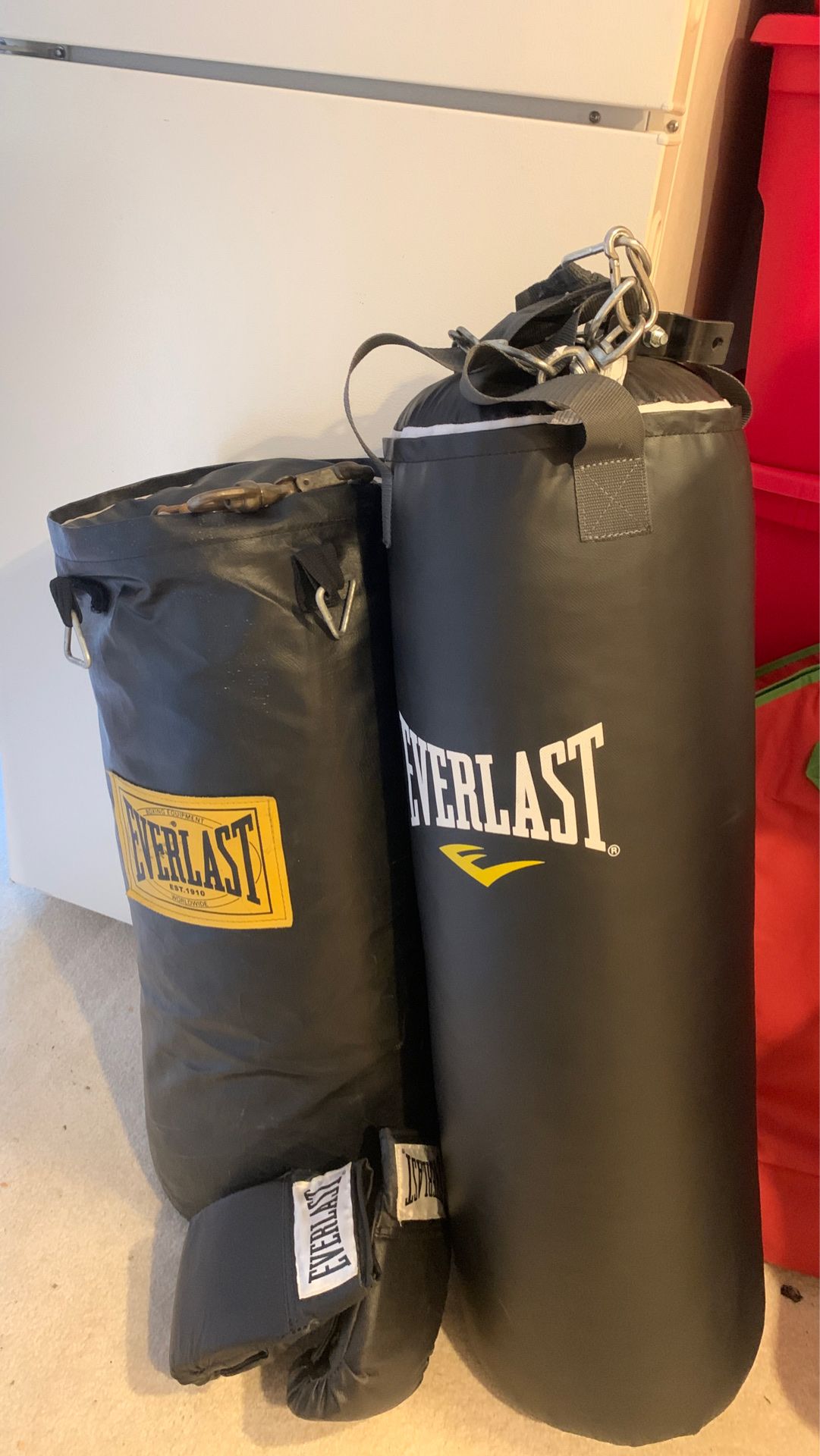 Two punching bags with chain and training gloves