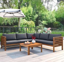 Assembled New Outdoor L Shaped Sofa w/ Coffee Table & Armrest & Beige Cushions Acacia Wood Structure