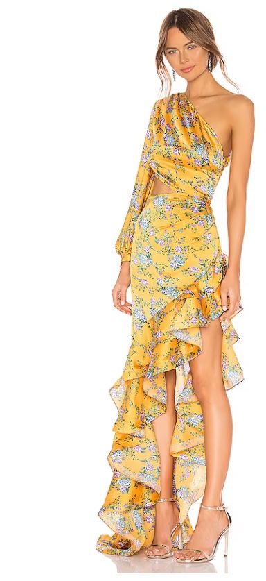 One-Shoulder Printed Ruffles Asymmetrical Maxi Dress In Yellow Lavender
