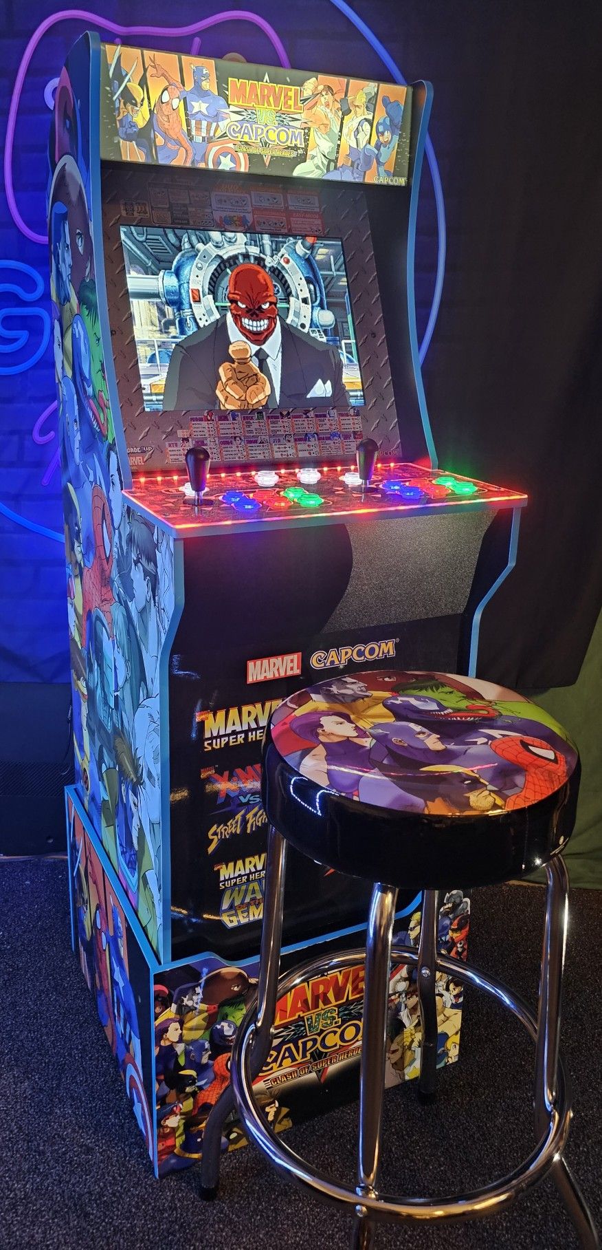 Vintage Marvel Vs Capcom Arcade1up Cabinet With Over 15,000 Video Games and Matching Stool 