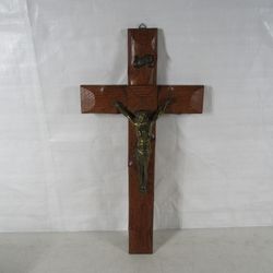 Crucifix Vintage Hand Carved Oak Wood & Solid Brass Jesus 19" Tall
