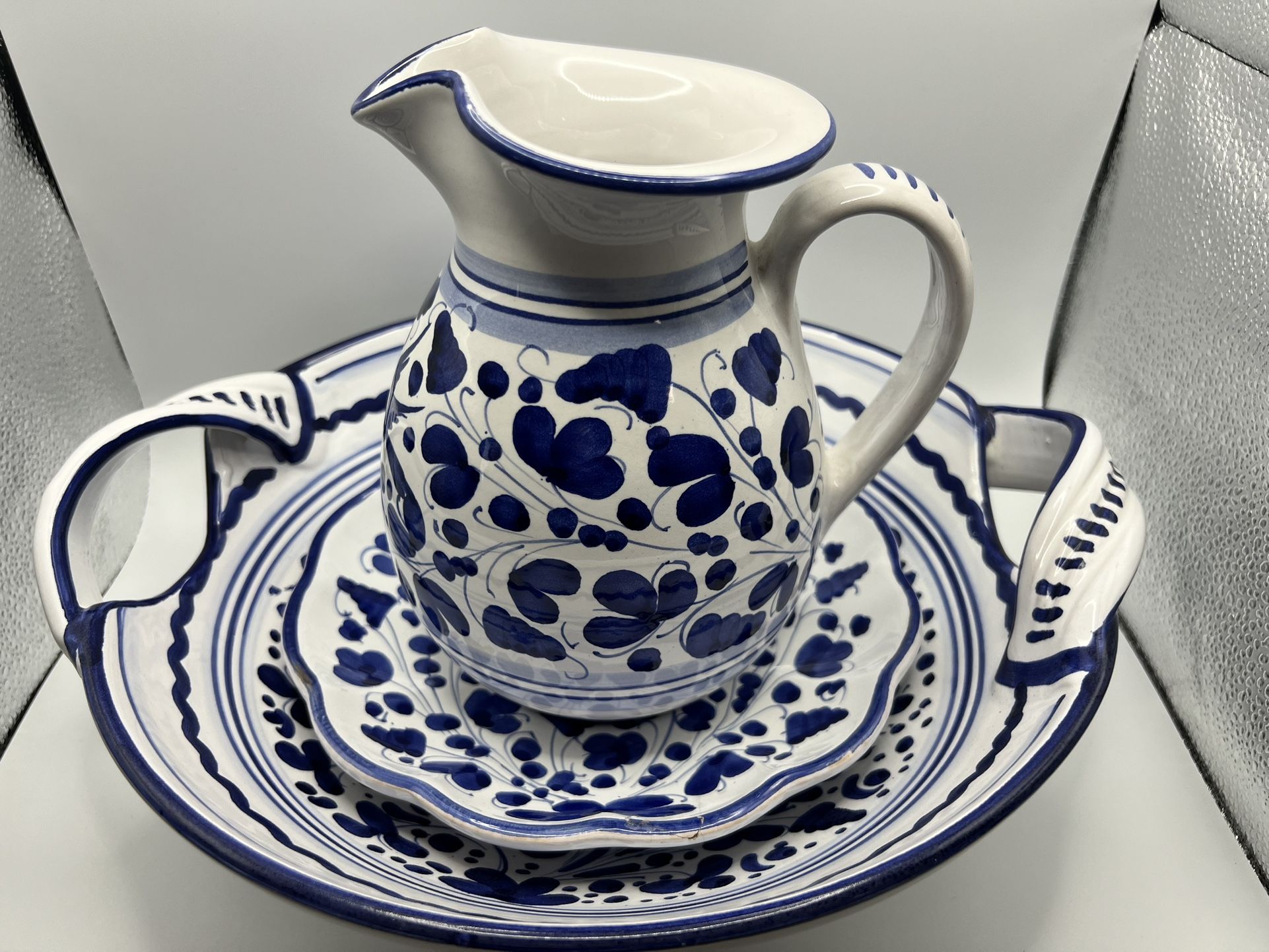 Hand Painted Deruta Arabesco Pitcher, Bowl & Plate