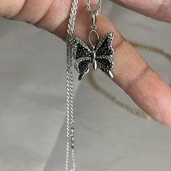 .925 Sterling Silver Black & White Diamonds Butterfly Necklace 