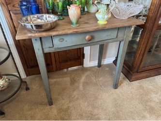 vintage rustic country style side table with blue legs