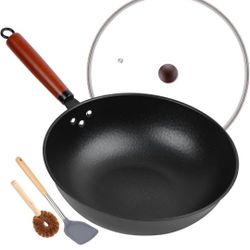 13" Nonstick Wok - Wok Pan with Glass Cover, Carbon Steel Woks & Stir-Fry Pans: Flat Bottom Chinese woks for Electric, Induction, Gas, All Stoves