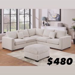 Brand New Ivory White Pale Beige Corduroy Sectional Free Ottoman 