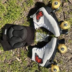 White Roller Skates Size 8 (Practically New) With Knee Pads