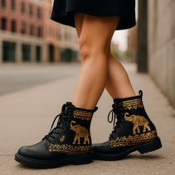 Unisex Tribal Elephant Boots Black Gold Vegan Friendly PU Leather Lace Up Waterproof M/6 F/8