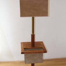 Mid-Century Oak and Brass, Leather Magazine Rack floor lamp with Swayed Shade. 
