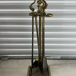 Solid brass dolphin fireplace set