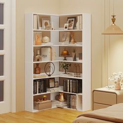 Corner Bookshelf, Freestanding L Shaped Display Shelf, 6 Tiers Bookcase with Baffles, Wooden Bookcase with Storage Organizer for Home Office, Living R