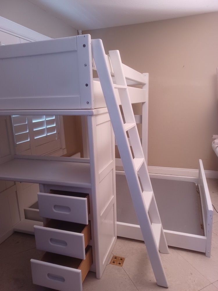 Solid Wood Sturdy White Twin Bunk Bed Frame With Desk And Full Bedframe Underneath Good Condition