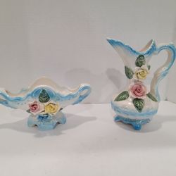 Vintage Ceramic Cream and Sugar Bowl Set Applied Roses ~ Floral, Textured 