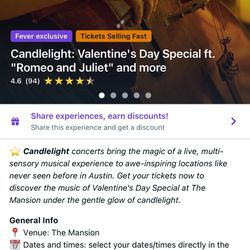 One Ticket Available Zone C Candlelight Concert 02/09/2024 6:45pm Romeo And Juliet Valentine’s Day Special At The Mansion