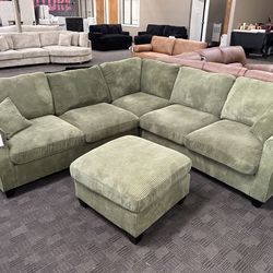 Sage green comfy sectional couch and ottoman