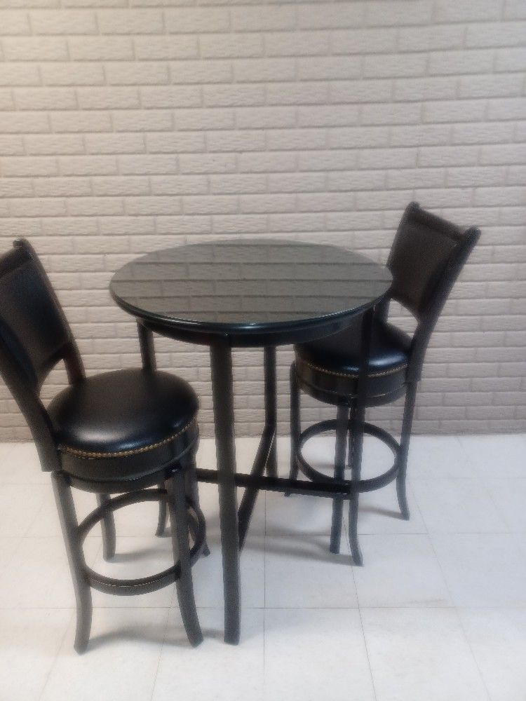 Bistro Table With Two Swivel Leather Stools