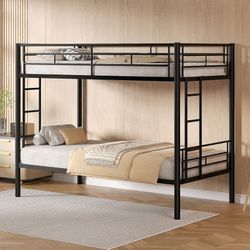 🔥Twin Over Twin, Metal Bunkbeds with Ladder and Full-Length Guardrail, No Box Spring Needed