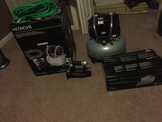 Hitachi combo set compressor brad nailer hose and box of coil nails