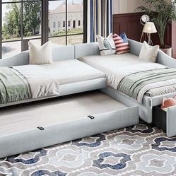 Nice Brand New Bluish Beige Double Twin Daybed w/ Trundle & Drawer No Mattresses
