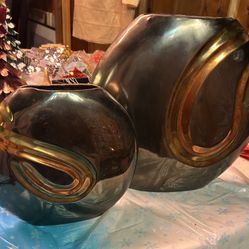 2 BRASS Round Flat Vases Vintage 