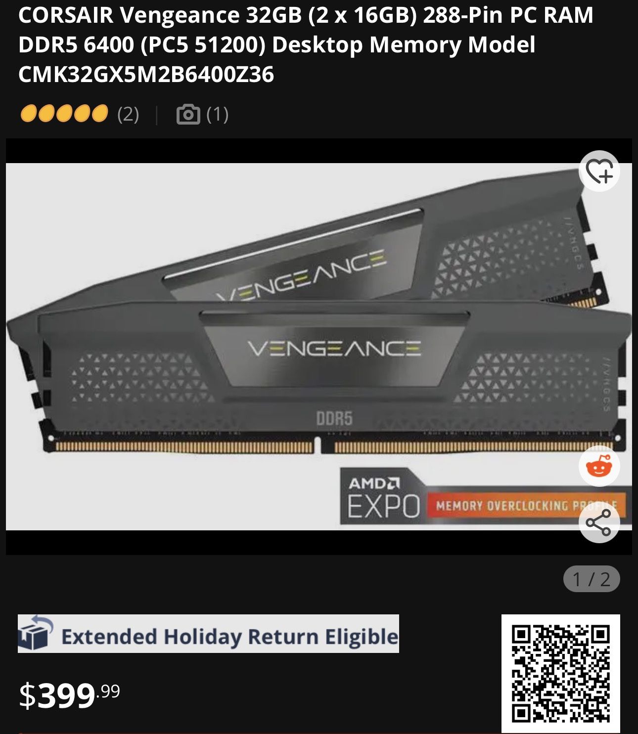 CORSAIR Vengeance 32GB (2 x 16GB) 288-Pin PC RAM DDR5 6400 (PC5 51200) 