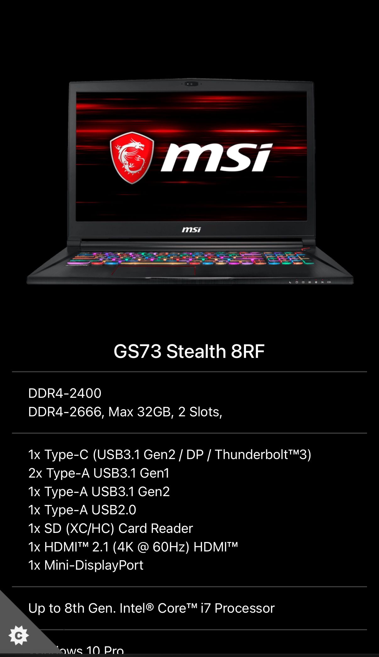 MSI Gaming Laptop i7, 32GB, 1070 GPU