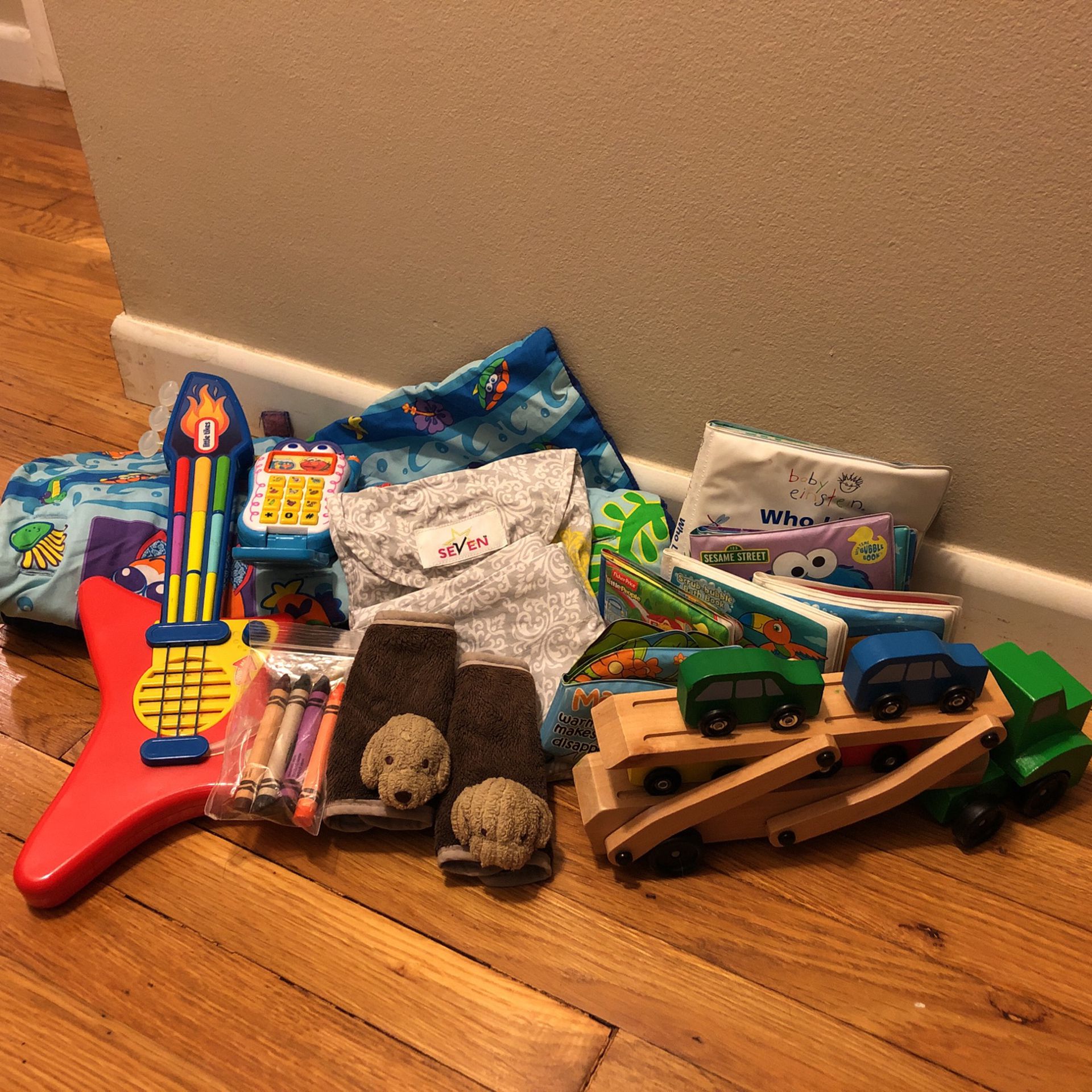 Baby Items: Books, Cars, Cart Cover, Sling Carrier, Strap Covers, Music