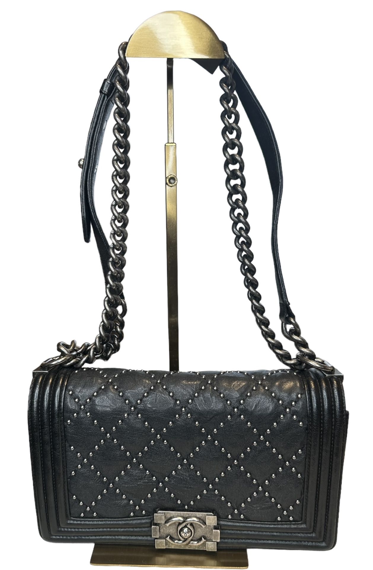 Chanel Black Crumpled Calfskin Leather Studded Boy Bag in RHW Old Medium