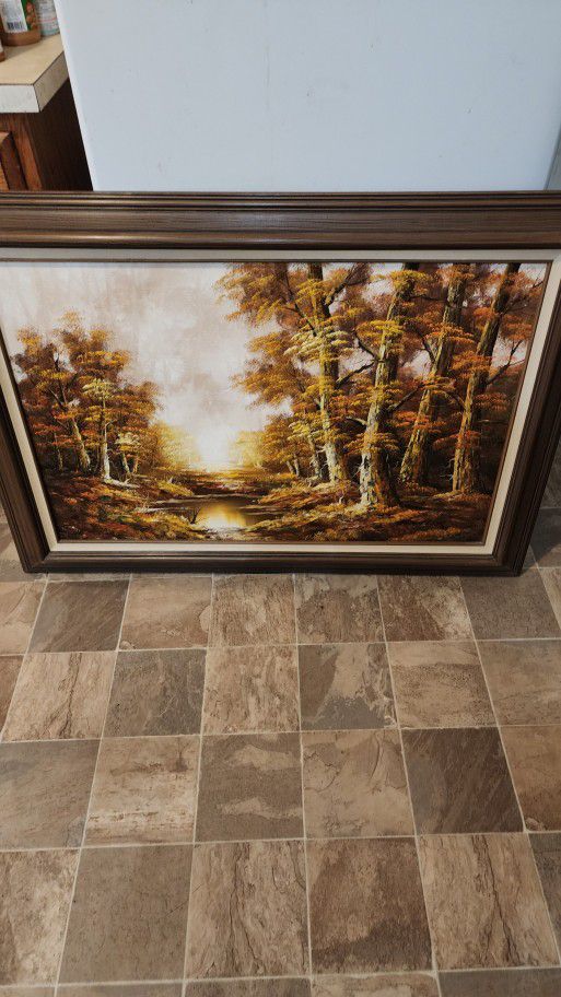 Vintage Collectible 1970 Oil Painting On Canvas Forest River Stream Landscape Original Frame From Antique Interior 44 In Wide 33 Long Certified 97419