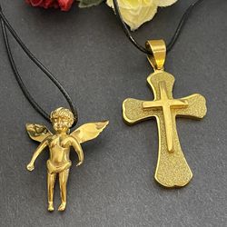 Stainless Steel Cross Angel And Cross Pendant