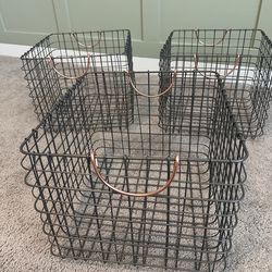 Metal Wire Bins with copper hardware (Set of 3)