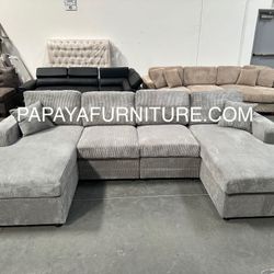 NEW Large U Shape Sectional Sofa with DOUBLE Chaise Twin Left and Right Chaise Light Grey Fabric Ashley Style BIG Couch Clearance SALE Discount Gray