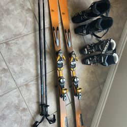 Skis, Two Pair Ski Boots, Poles, Carry Case