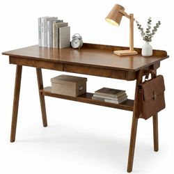 Solid Wood Writing Desk, Home Office Desk for Small Spaces, Mid Century Modern Desks with 2 Drawers & Storage Shelf, Standing Desk with Side Hooks for