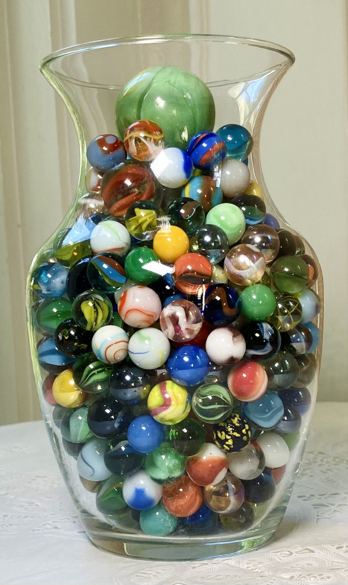 Vase Full Of 375 Marbles Beautiful, Colorful & Collectible For Play Or Display