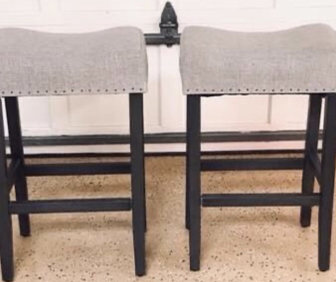 NEW Set of 2 Wayfair Gray Linen and Wood Stools (2 Total)