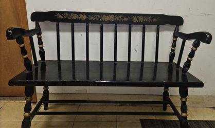 Hitchcock  Style Vintage Black& Gold Spindle Bench-Entryway Settee