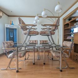 Mid Century Modern Jerry Johnson Style Chrome & Oak 6 Chair Dining Set