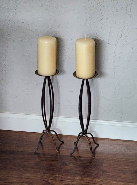 Pair Of Tall Candle Holders With Candles 