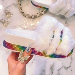 Rainbow Rhinestone Fur Sandal
