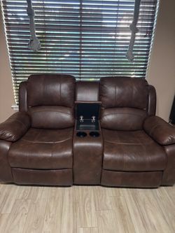 Brown Leather Reclining Loveseat with Console
