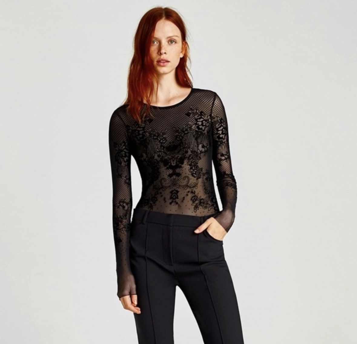 Zara Sheer Tulle Open Back Long Sleeve Velvet Detail Embellished Bodysuit Small