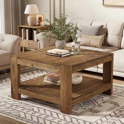 YT0027 31.5 in. Brown Square Solid Wood Coffee Table, 2-Tier Farmhouse Center Tea Cocktail Table with Storage Shelf