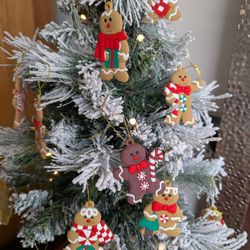 Tiny Flocked Battery Lighted Christmas Tree 26" Height With Gingerbread Looking Ornaments